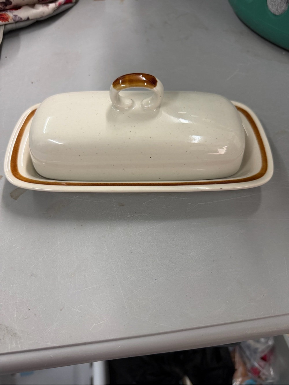 Vintage Ceramic Butter Dish with Amber Trim